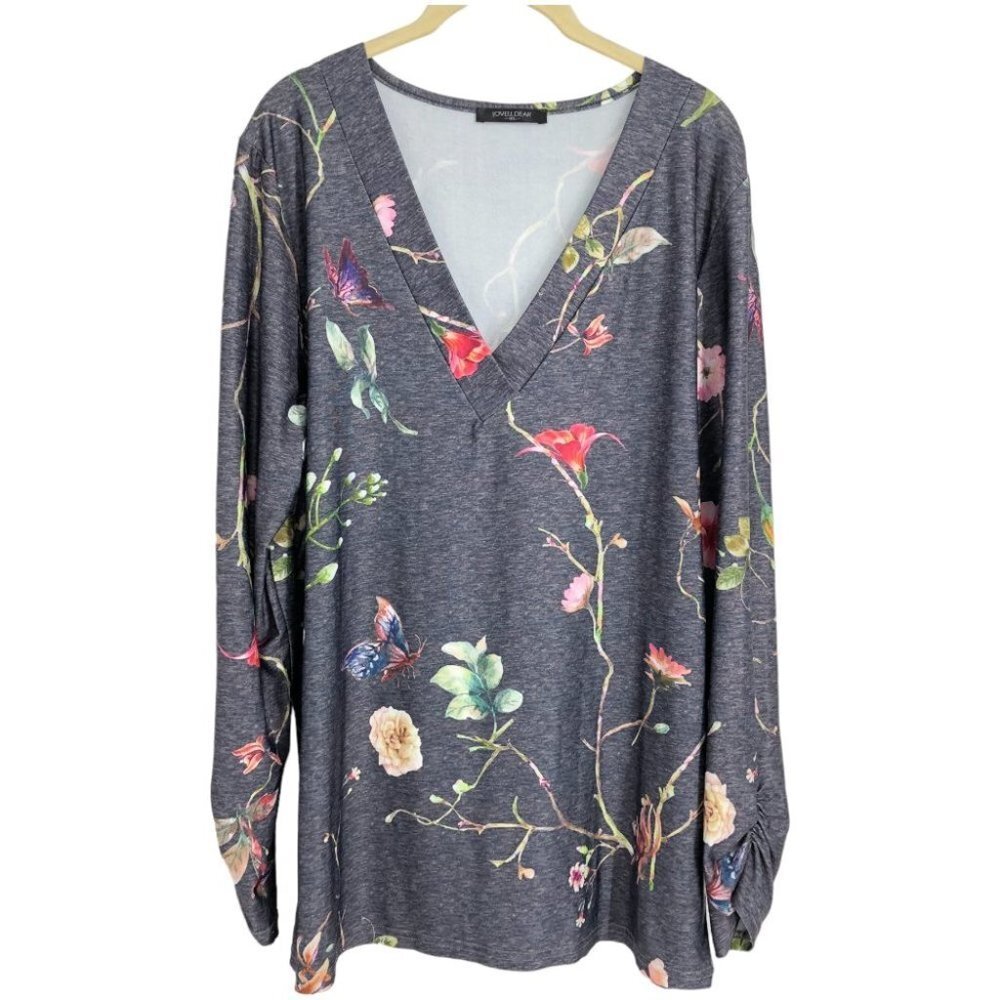 LoveU.Dear Black Heathered Floral Butterfly Print V-Neck Long Sleeve Blouse 1x